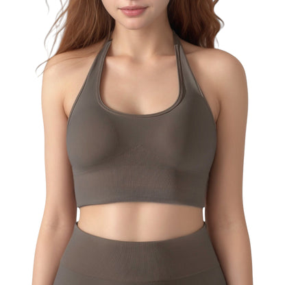 Anna-Kaci Active Women's Seamless Halter Neck Athletic Crop Top with Ribbed Detailing