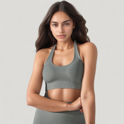 Anna-Kaci Active Women's Seamless Halter Neck Athletic Crop Top with Ribbed Detailing