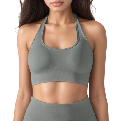 Anna-Kaci Active Women's Seamless Halter Neck Athletic Crop Top with Ribbed Detailing