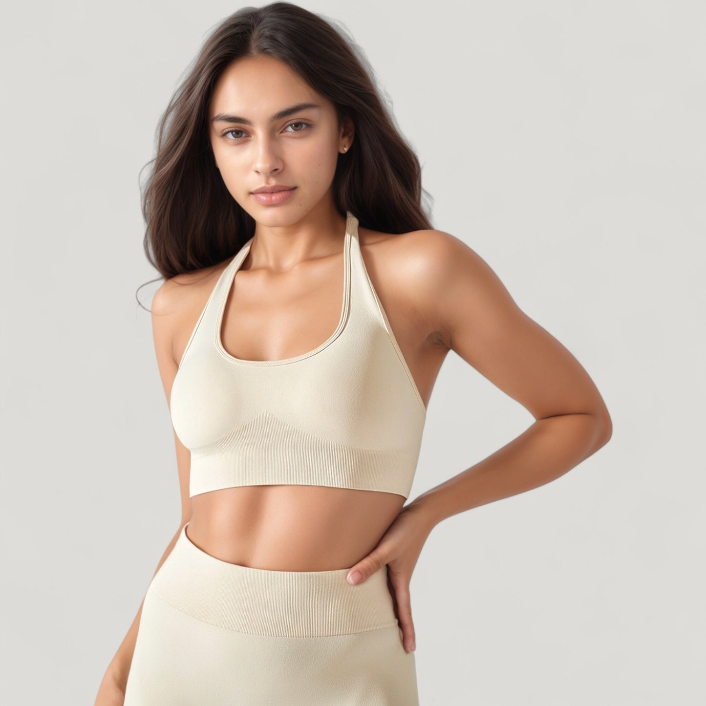Anna-Kaci Active Women's Seamless Halter Neck Athletic Crop Top with Ribbed Detailing