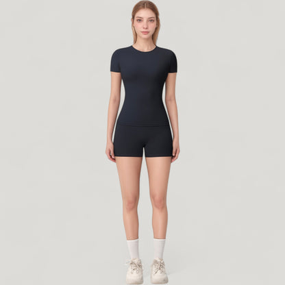 Anna-Kaci Active Women's Fitted Short Sleeve Top and High Waist Shorts 2-Piece Active Set