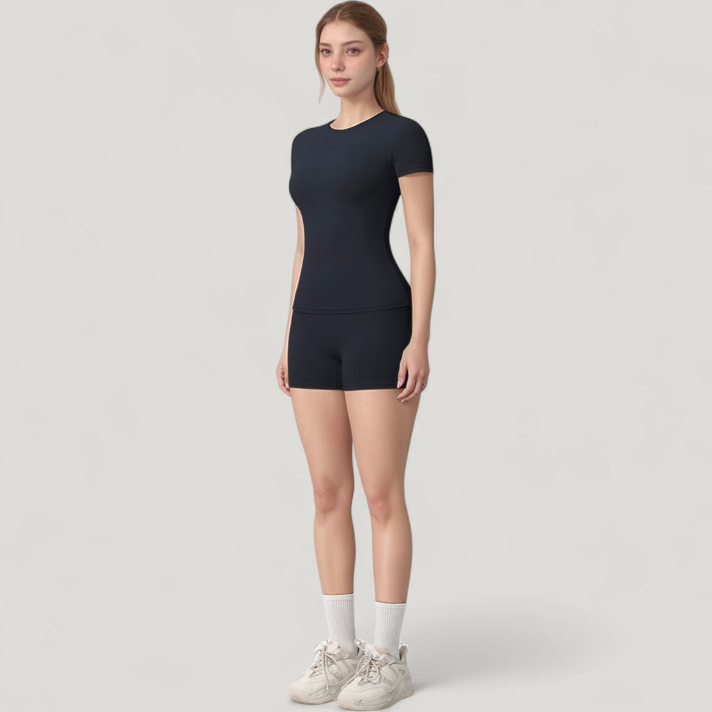 Anna-Kaci Active Women's Fitted Short Sleeve Top and High Waist Shorts 2-Piece Active Set