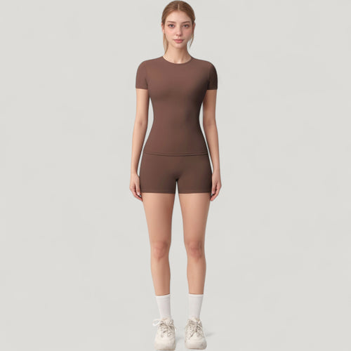 Anna-Kaci Active Women's Fitted Short Sleeve Top and High Waist Shorts 2-Piece Active Set
