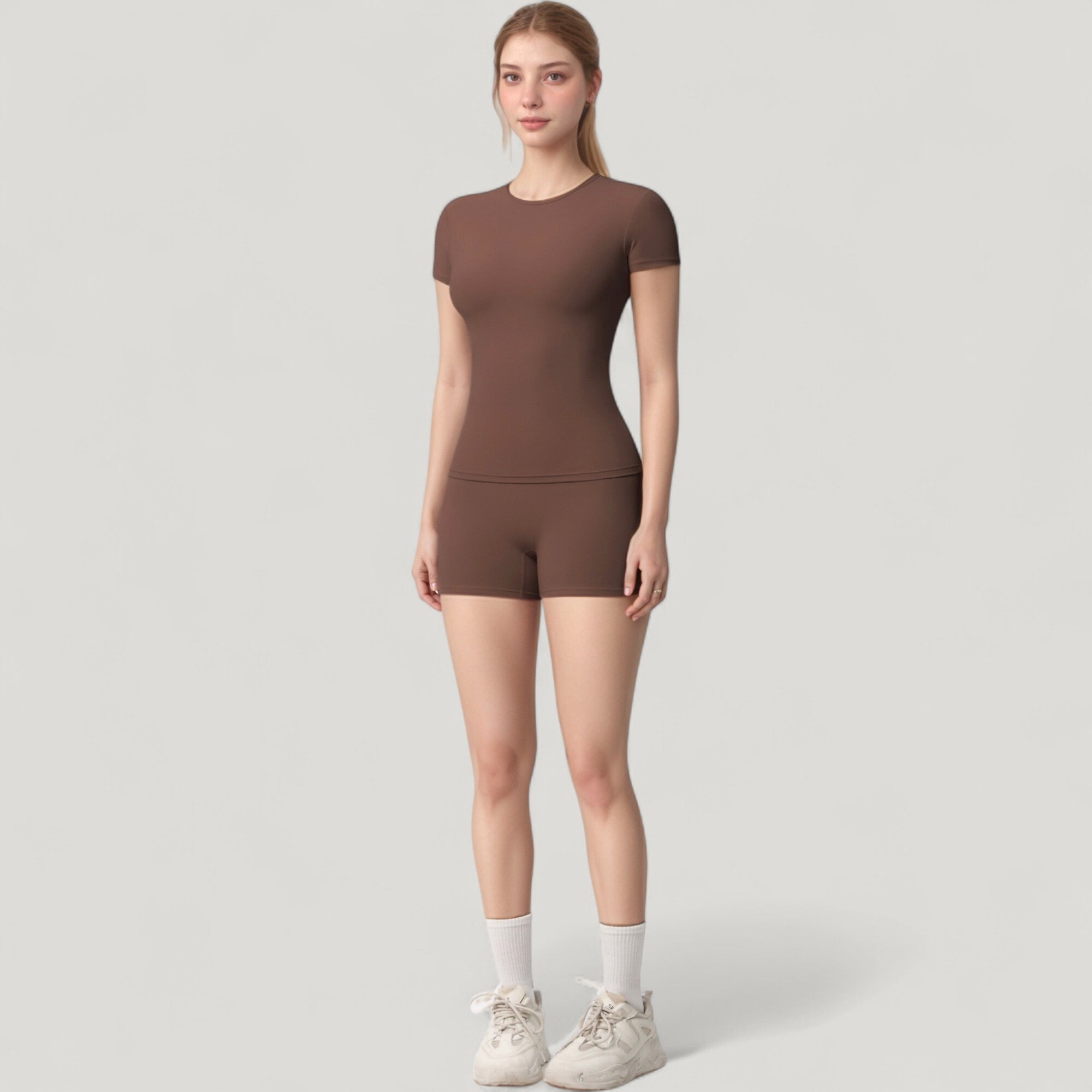 Anna-Kaci Active Women's Fitted Short Sleeve Top and High Waist Shorts 2-Piece Active Set