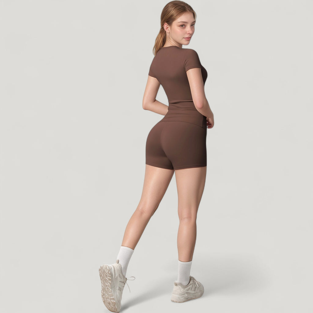 Anna-Kaci Active Women's Fitted Short Sleeve Top and High Waist Shorts 2-Piece Active Set