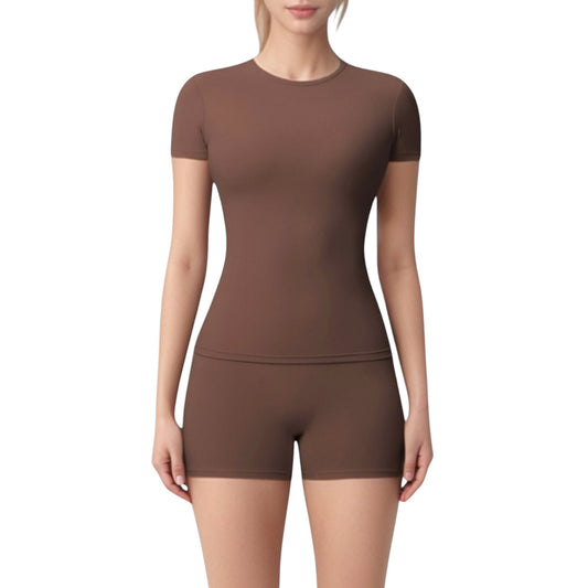 Anna-Kaci Active Women's Fitted Short Sleeve Top and High Waist Shorts 2-Piece Active Set
