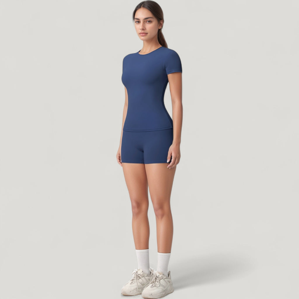 Anna-Kaci Active Women's Fitted Short Sleeve Top and High Waist Shorts 2-Piece Active Set