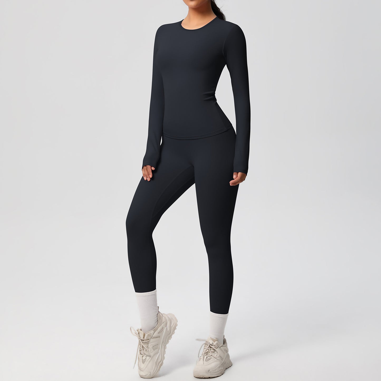 Anna-Kaci Active Women's Long Sleeve Crew Neck Top and High Waist Leggings Set with Slim Fit Design