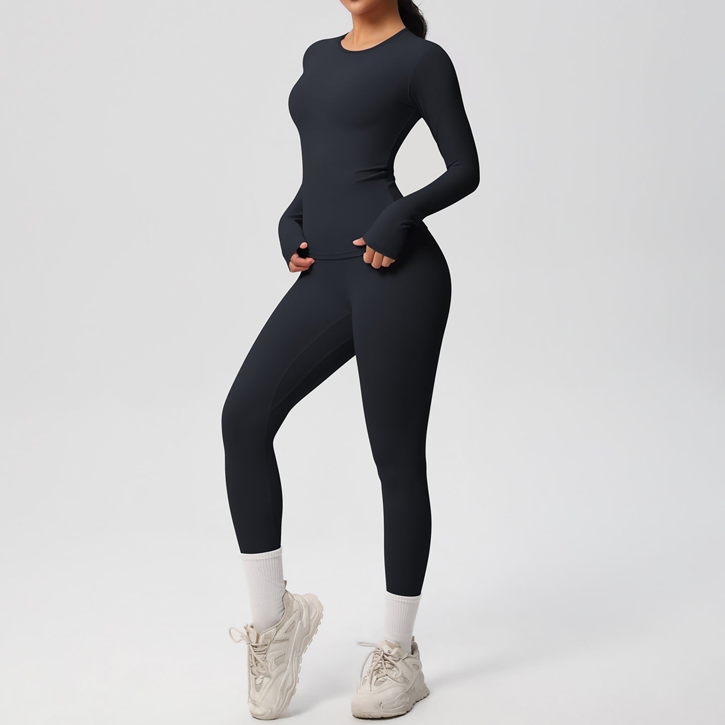 Anna-Kaci Active Women's Long Sleeve Crew Neck Top and High Waist Leggings Set with Slim Fit Design