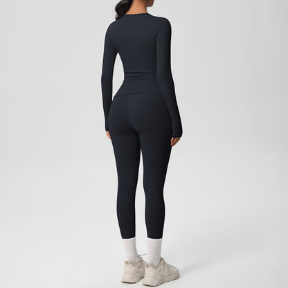 Anna-Kaci Active Women's Long Sleeve Crew Neck Top and High Waist Leggings Set with Slim Fit Design