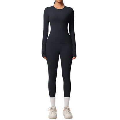 Anna-Kaci Active Women's Long Sleeve Crew Neck Top and High Waist Leggings Set with Slim Fit Design