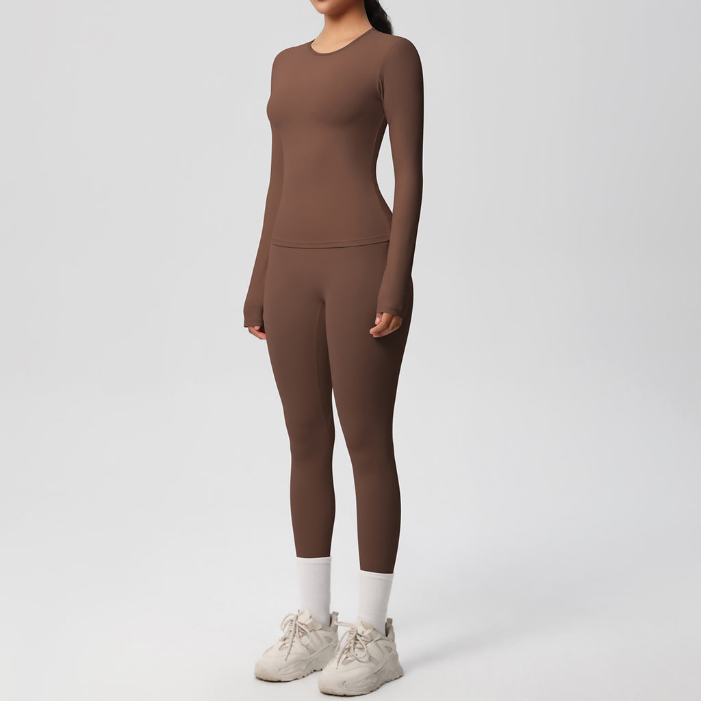 Anna-Kaci Active Women's Long Sleeve Crew Neck Top and High Waist Leggings Set with Slim Fit Design