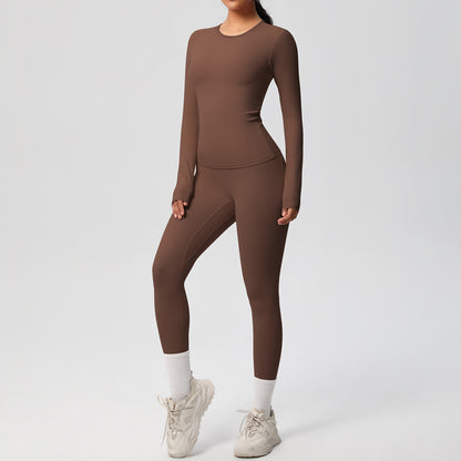 Anna-Kaci Active Women's Long Sleeve Crew Neck Top and High Waist Leggings Set with Slim Fit Design