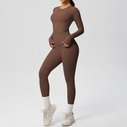 Anna-Kaci Active Women's Long Sleeve Crew Neck Top and High Waist Leggings Set with Slim Fit Design