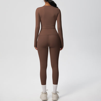 Anna-Kaci Active Women's Long Sleeve Crew Neck Top and High Waist Leggings Set with Slim Fit Design