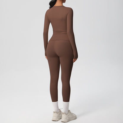 Anna-Kaci Active Women's Long Sleeve Crew Neck Top and High Waist Leggings Set with Slim Fit Design