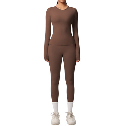 Anna-Kaci Active Women's Long Sleeve Crew Neck Top and High Waist Leggings Set with Slim Fit Design