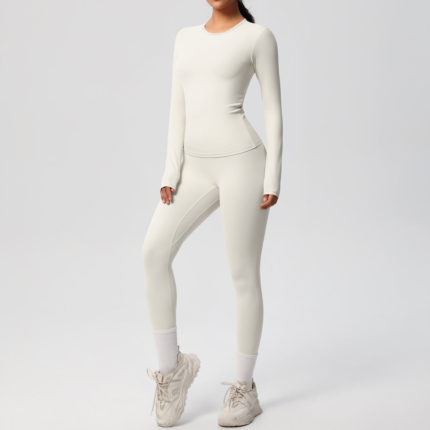 Anna-Kaci Active Women's Long Sleeve Crew Neck Top and High Waist Leggings Set with Slim Fit Design