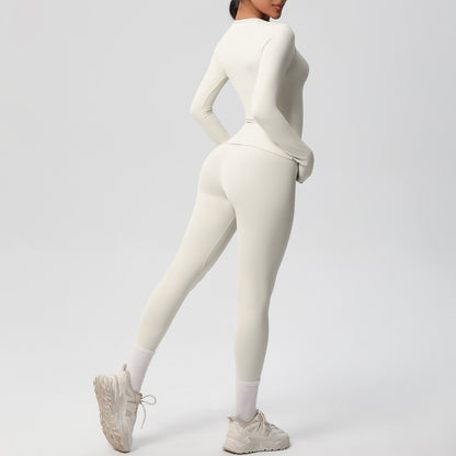 Anna-Kaci Active Women's Long Sleeve Crew Neck Top and High Waist Leggings Set with Slim Fit Design