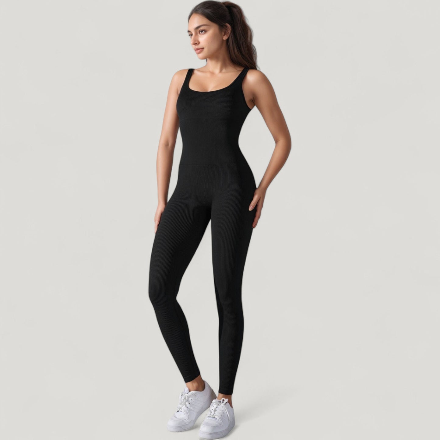 Anna-Kaci Active Women's Ribbed Knit Sleeveless Jumpsuit with Scoop Neckline and Bodycon Fit