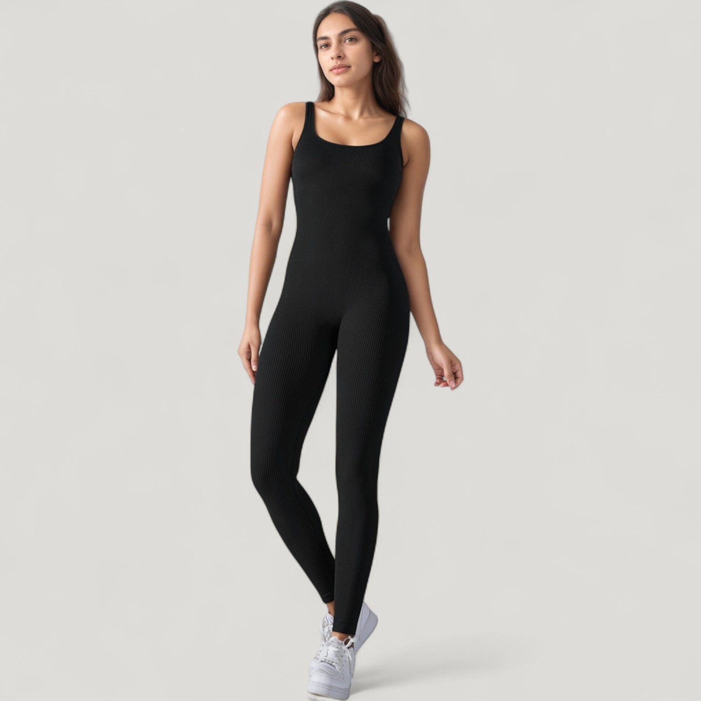 Anna-Kaci Active Women's Ribbed Knit Sleeveless Jumpsuit with Scoop Neckline and Bodycon Fit