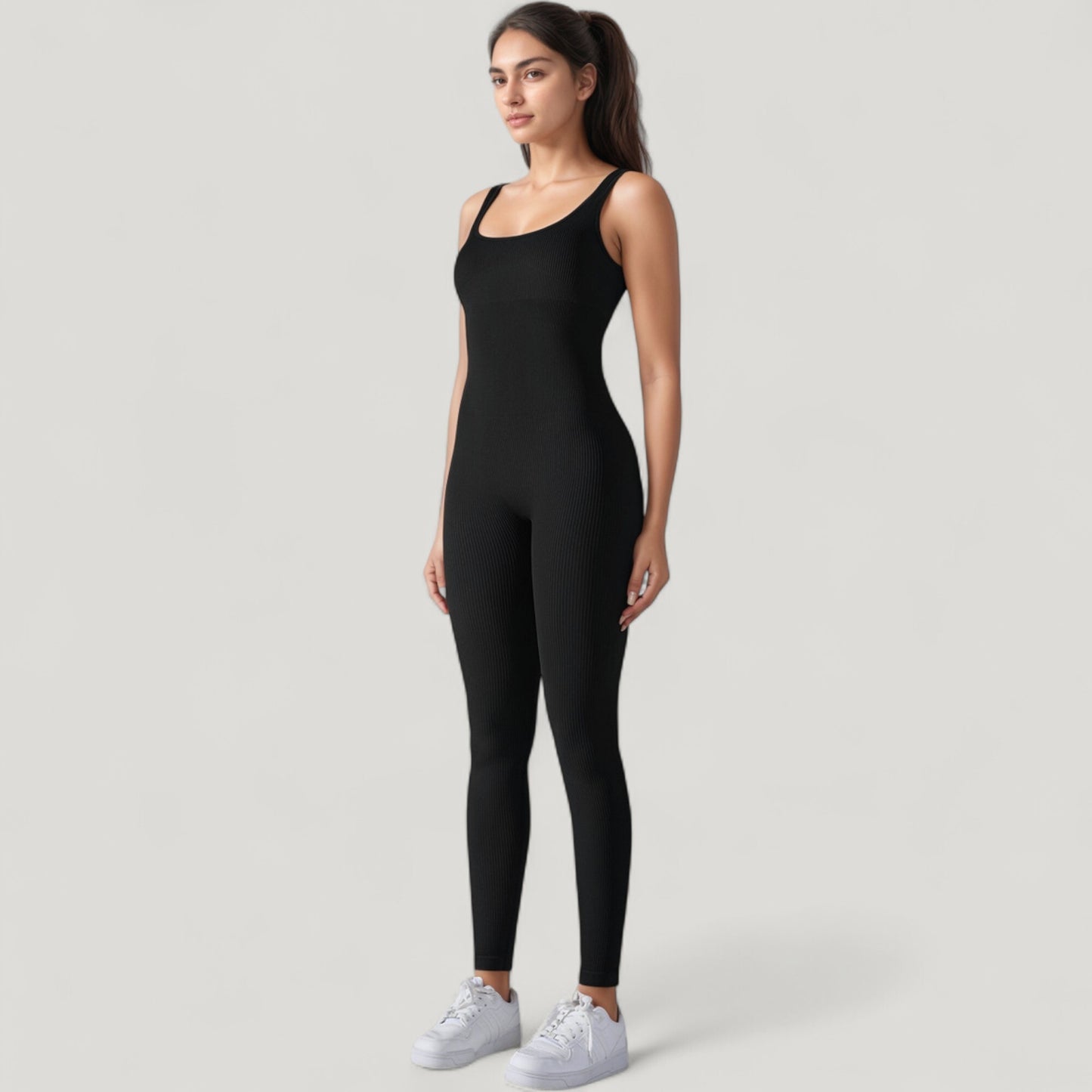 Anna-Kaci Active Women's Ribbed Knit Sleeveless Jumpsuit with Scoop Neckline and Bodycon Fit