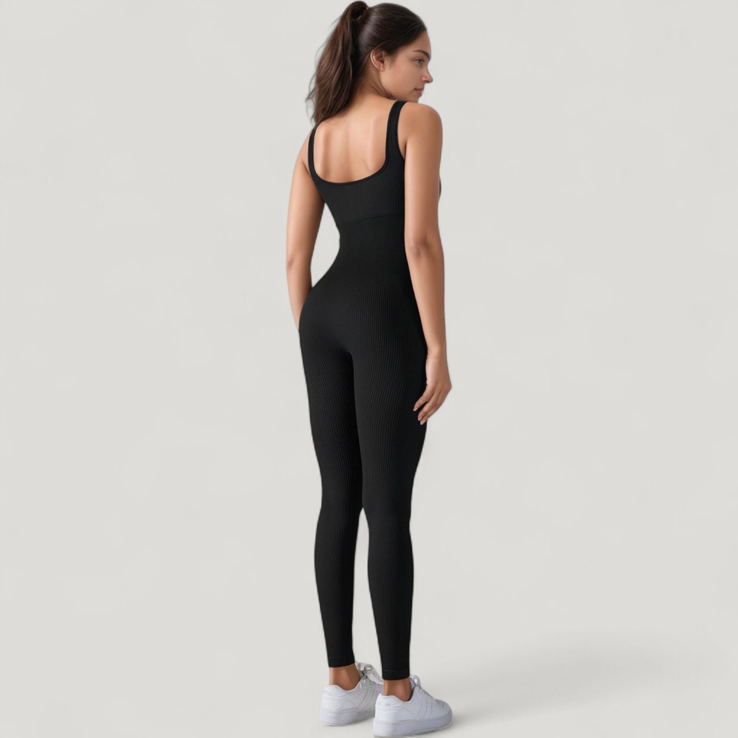 Anna-Kaci Active Women's Ribbed Knit Sleeveless Jumpsuit with Scoop Neckline and Bodycon Fit