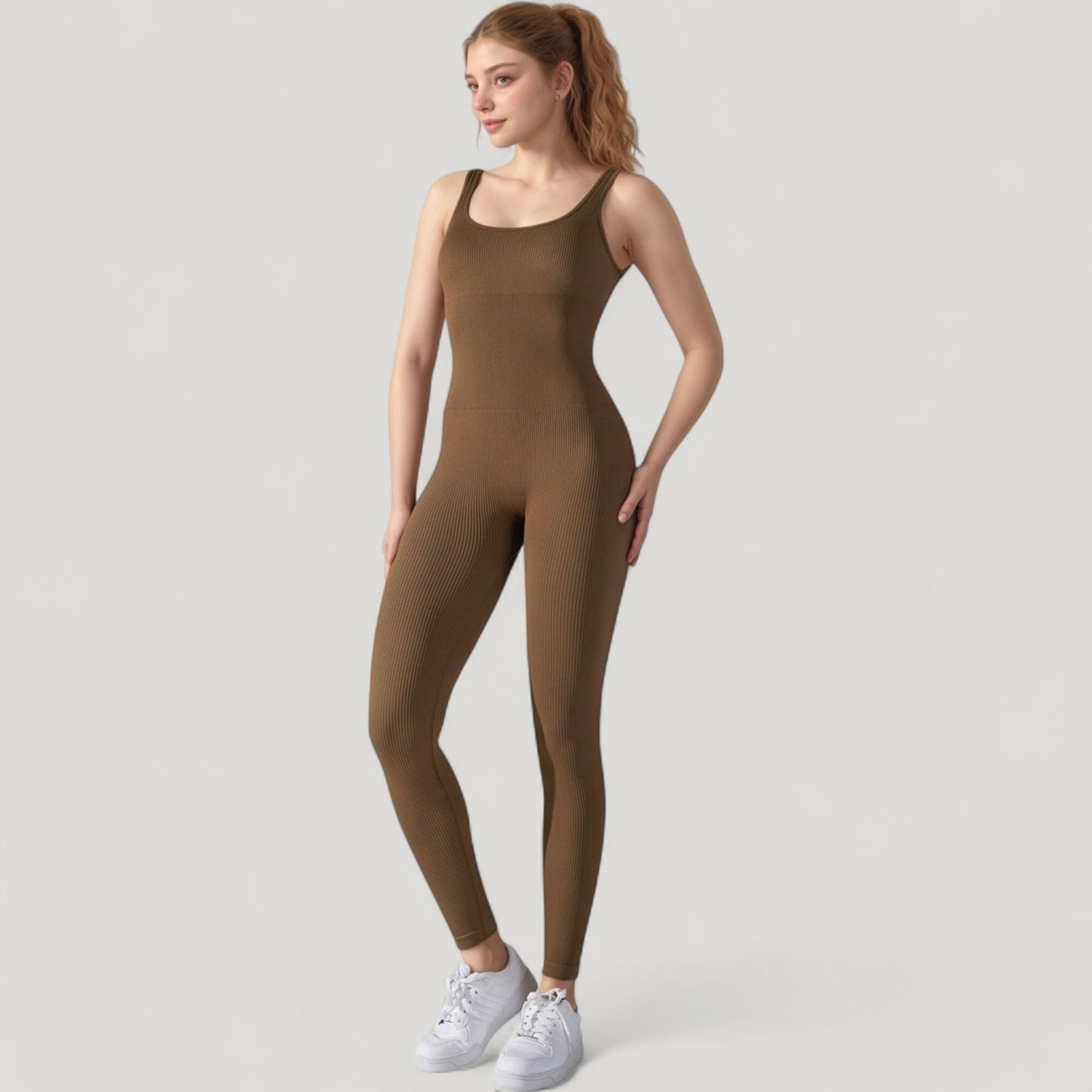 Anna-Kaci Active Women's Ribbed Knit Sleeveless Jumpsuit with Scoop Neckline and Bodycon Fit