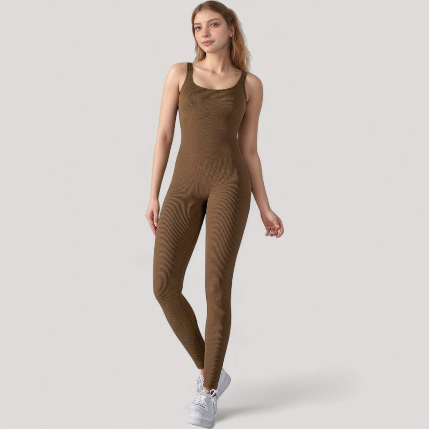 Anna-Kaci Active Women's Ribbed Knit Sleeveless Jumpsuit with Scoop Neckline and Bodycon Fit