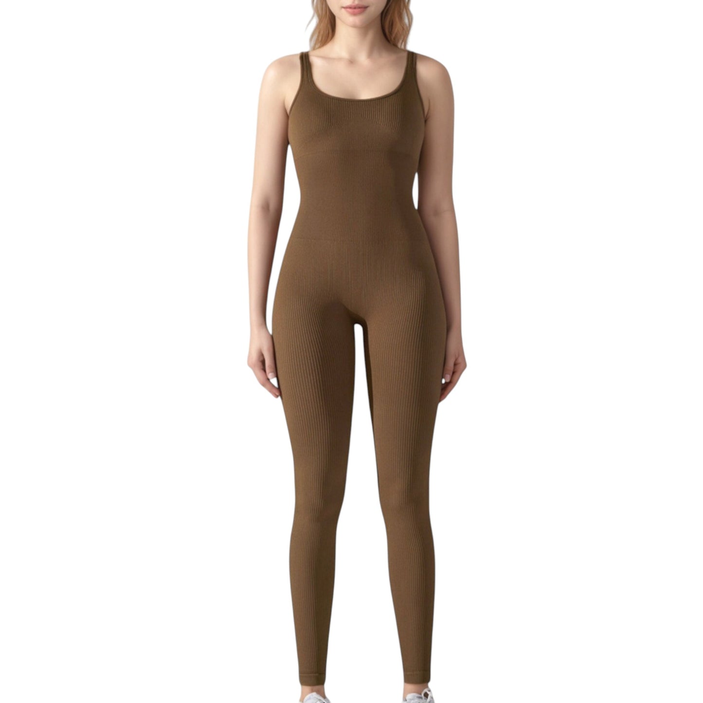Anna-Kaci Active Women's Ribbed Knit Sleeveless Jumpsuit with Scoop Neckline and Bodycon Fit