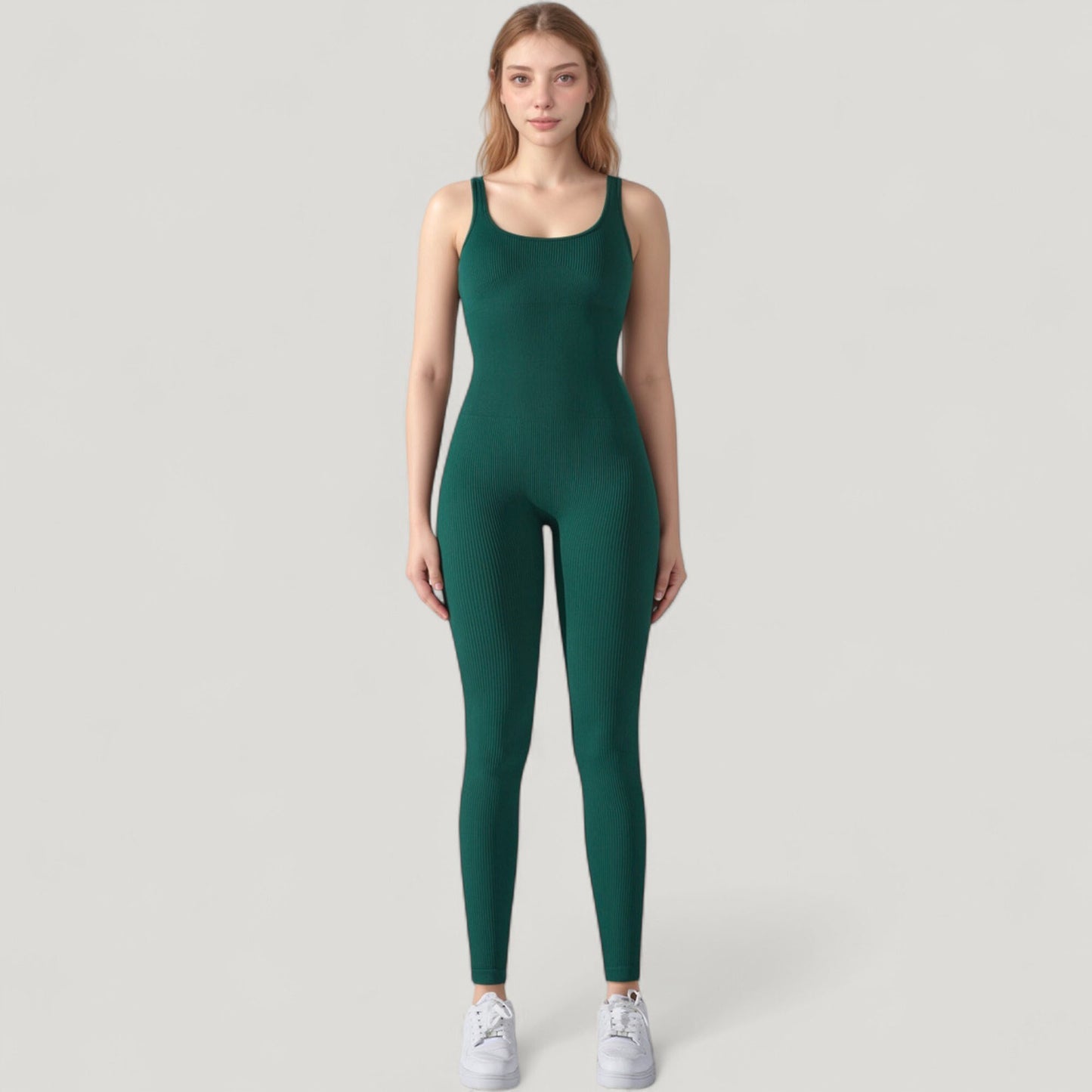 Anna-Kaci Active Women's Ribbed Knit Sleeveless Jumpsuit with Scoop Neckline and Bodycon Fit
