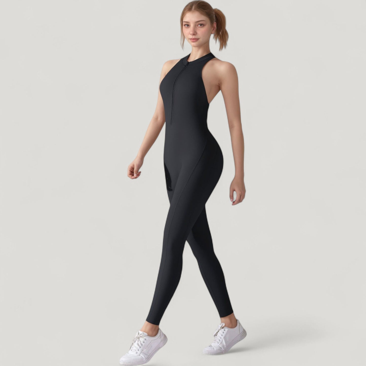 Anna-Kaci Active Women's High Neck Sleeveless Activewear Jumpsuit with Back Cutout and Front Zip Closure