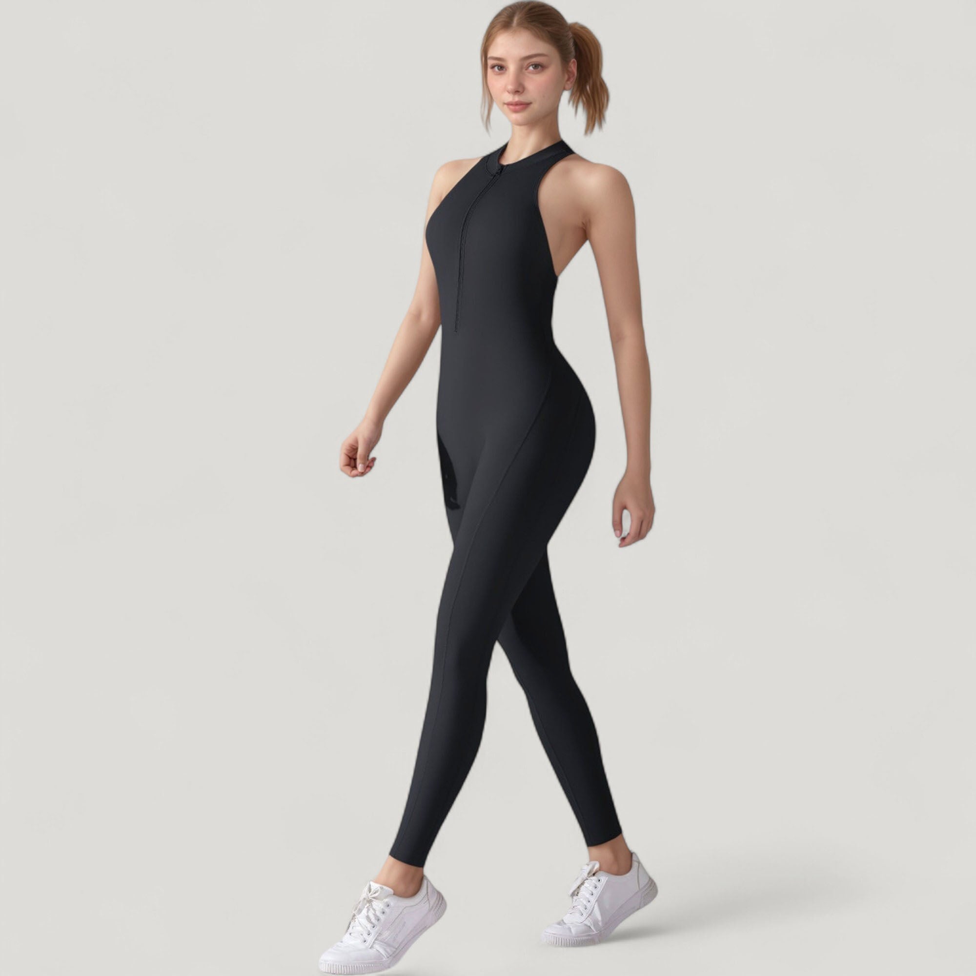 Anna-Kaci Active Women's High Neck Sleeveless Activewear Jumpsuit with Back Cutout and Front Zip Closure