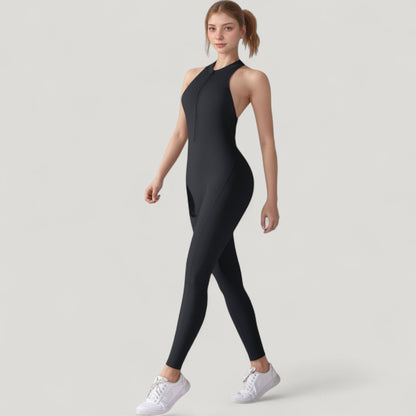 Anna-Kaci Active Women's High Neck Sleeveless Activewear Jumpsuit with Back Cutout and Front Zip Closure