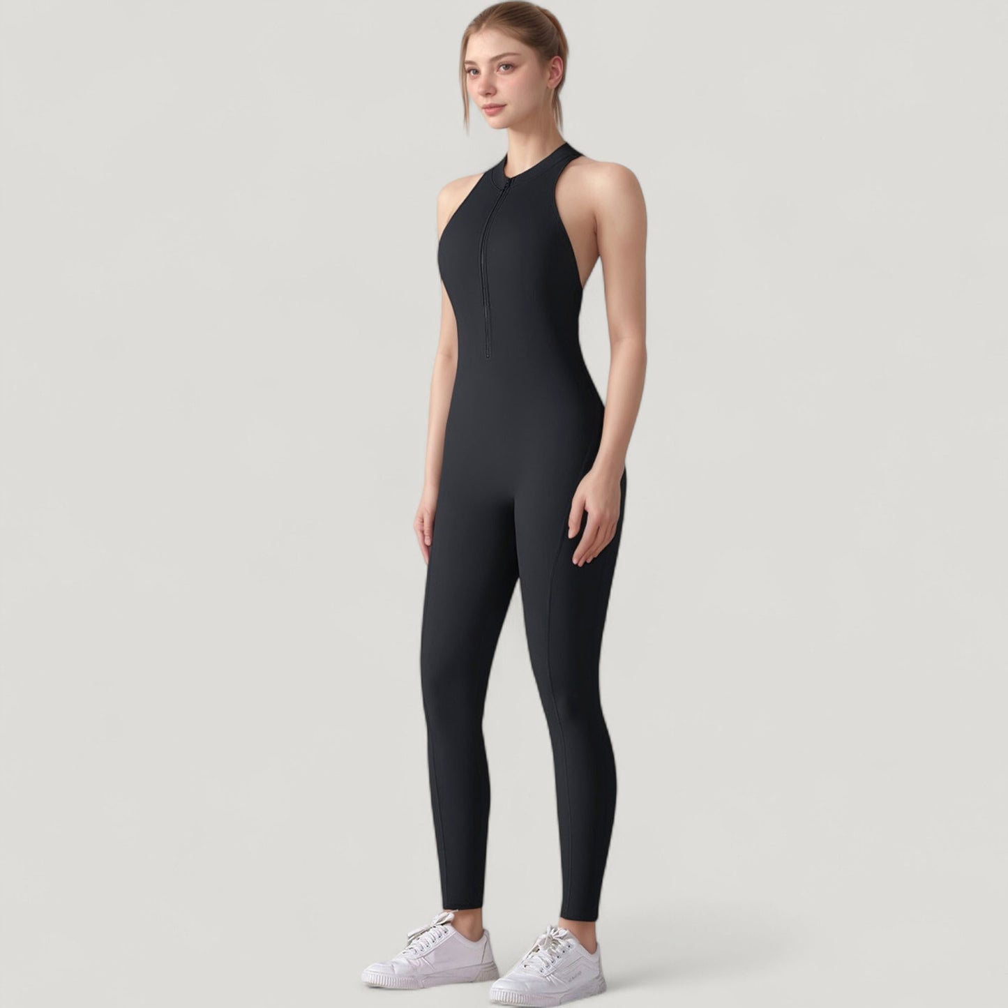 Anna-Kaci Active Women's High Neck Sleeveless Activewear Jumpsuit with Back Cutout and Front Zip Closure