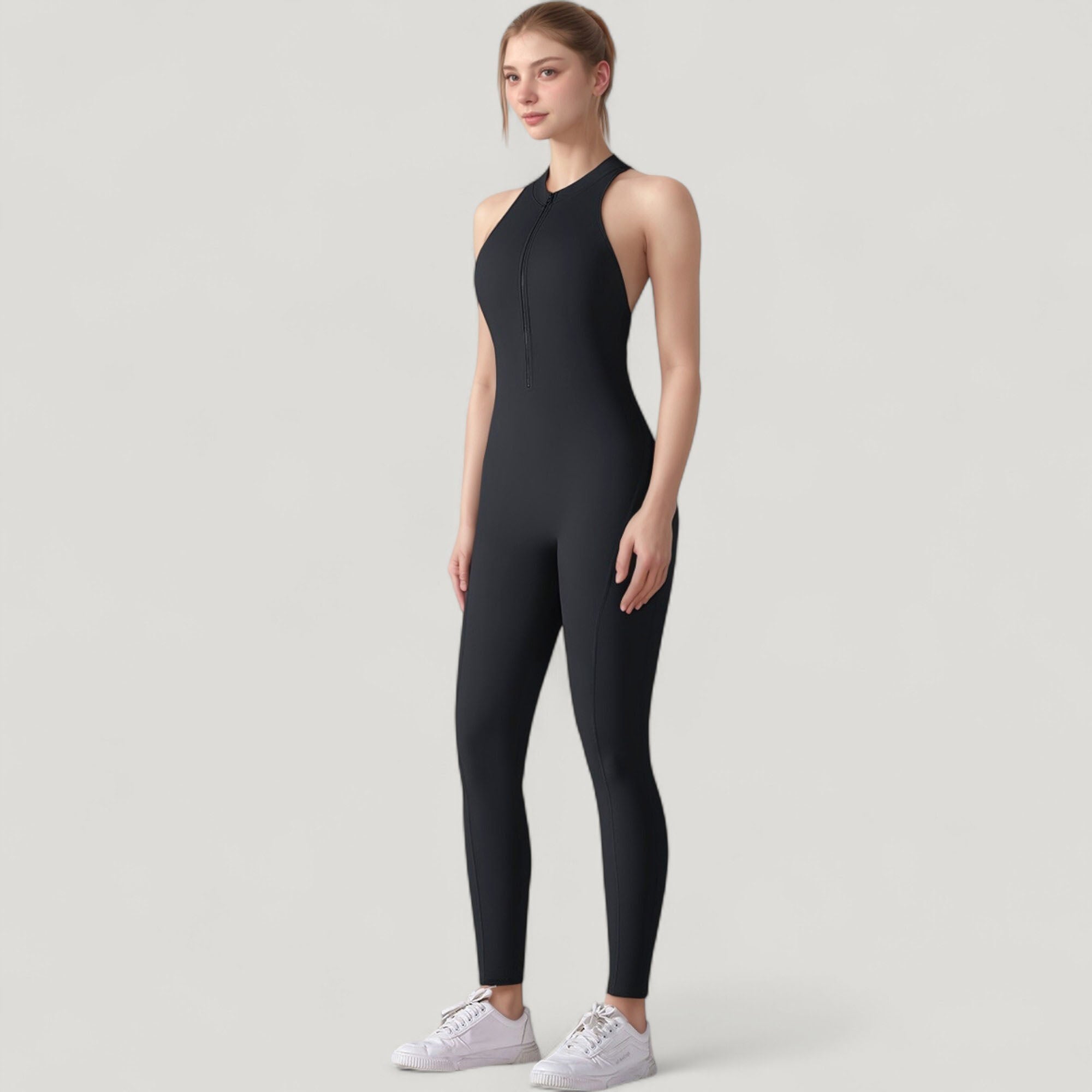 Anna-Kaci Active Women's High Neck Sleeveless Activewear Jumpsuit with Back Cutout and Front Zip Closure