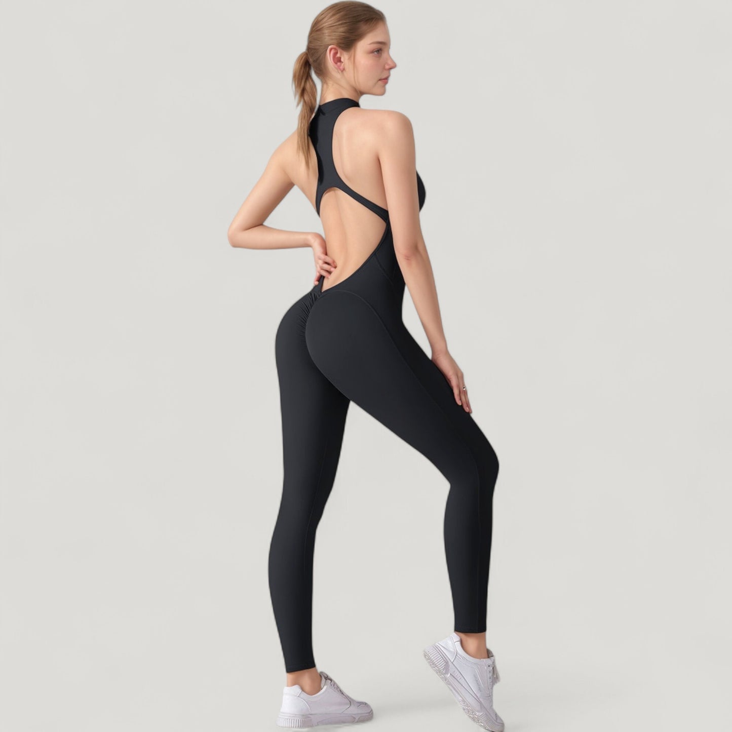 Anna-Kaci Active Women's High Neck Sleeveless Activewear Jumpsuit with Back Cutout and Front Zip Closure
