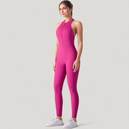 Anna-Kaci Active Women's High Neck Sleeveless Activewear Jumpsuit with Back Cutout and Front Zip Closure
