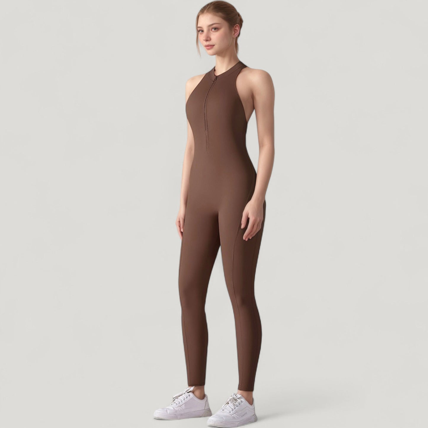 Anna-Kaci Active Women's High Neck Sleeveless Activewear Jumpsuit with Back Cutout and Front Zip Closure