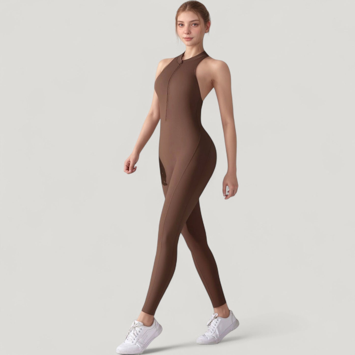 Anna-Kaci Active Women's High Neck Sleeveless Activewear Jumpsuit with Back Cutout and Front Zip Closure