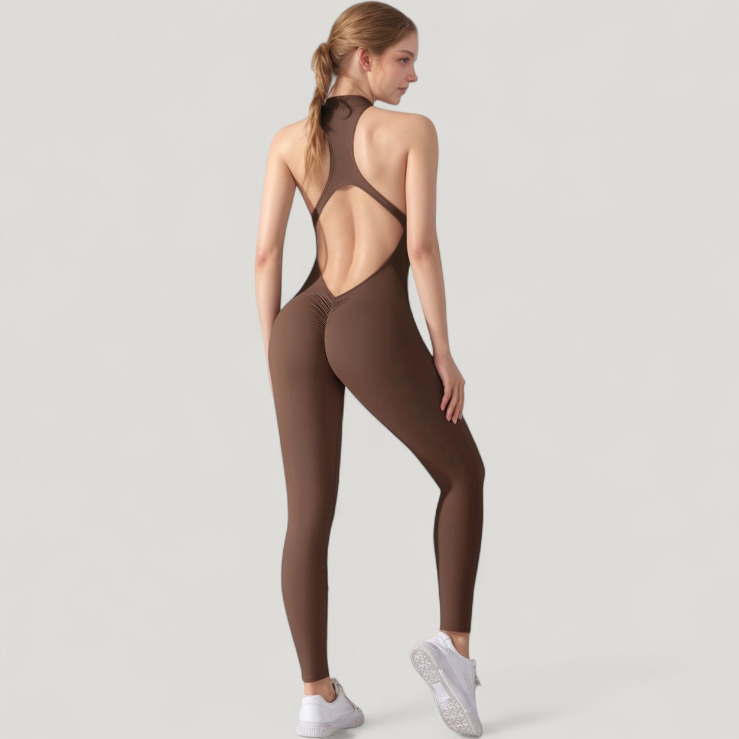 Anna-Kaci Active Women's High Neck Sleeveless Activewear Jumpsuit with Back Cutout and Front Zip Closure