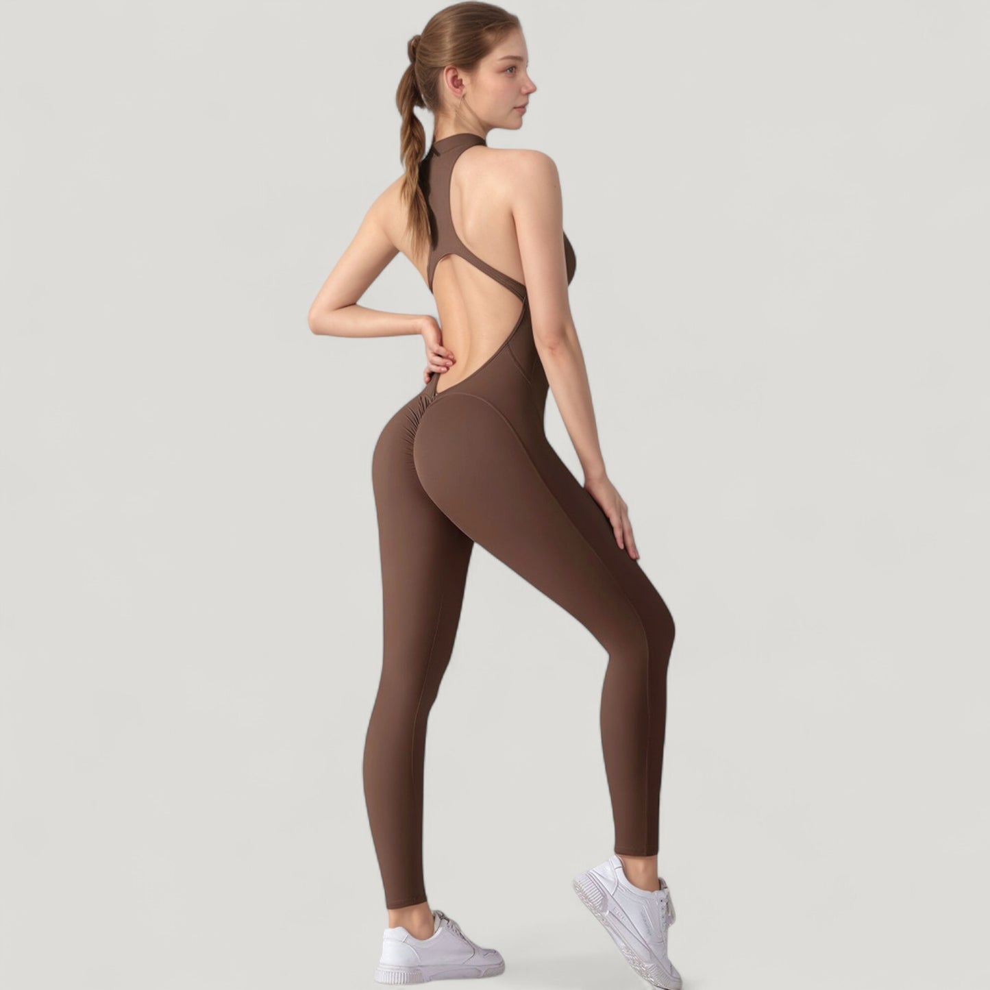 Anna-Kaci Active Women's High Neck Sleeveless Activewear Jumpsuit with Back Cutout and Front Zip Closure