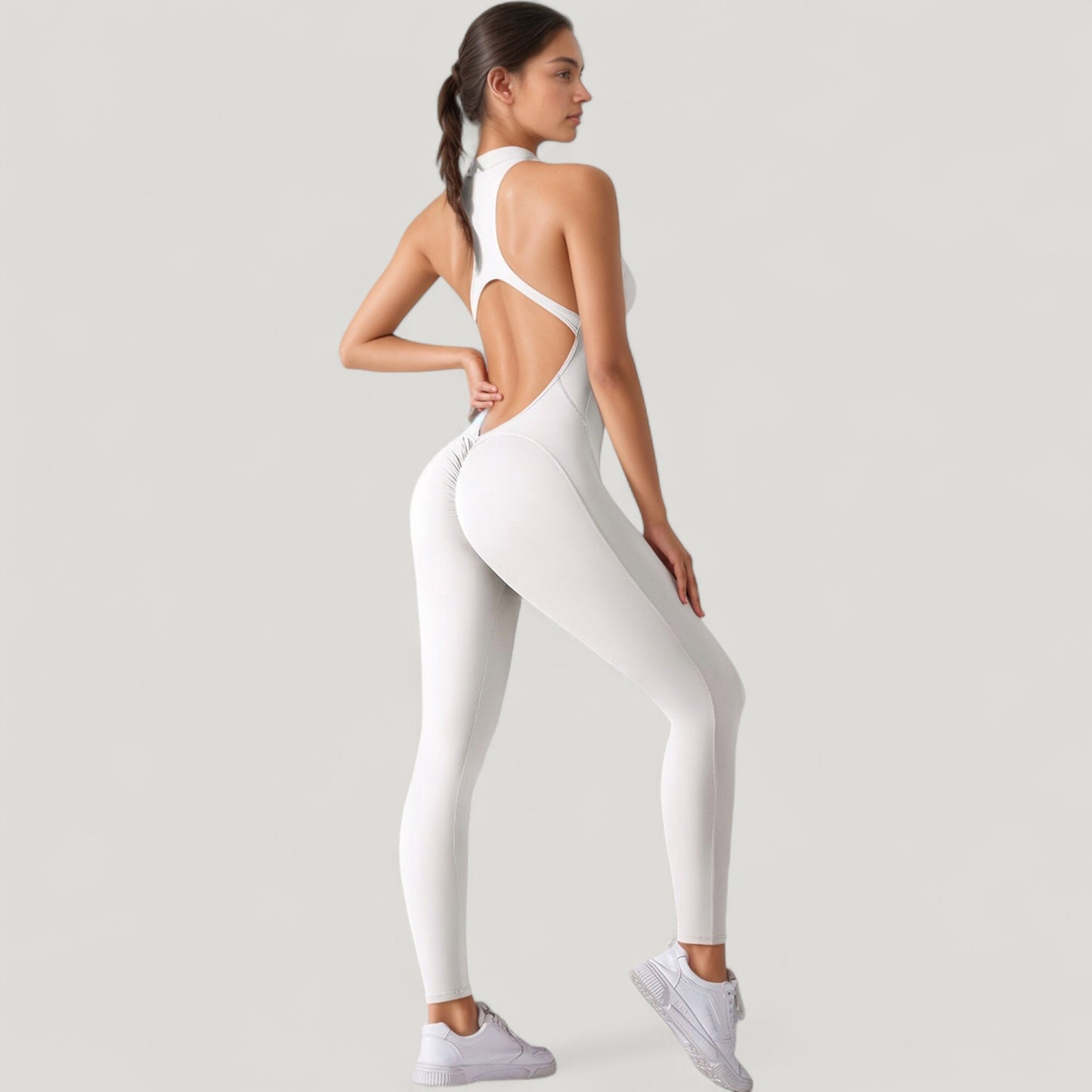 Anna-Kaci Active Women's High Neck Sleeveless Activewear Jumpsuit with Back Cutout and Front Zip Closure