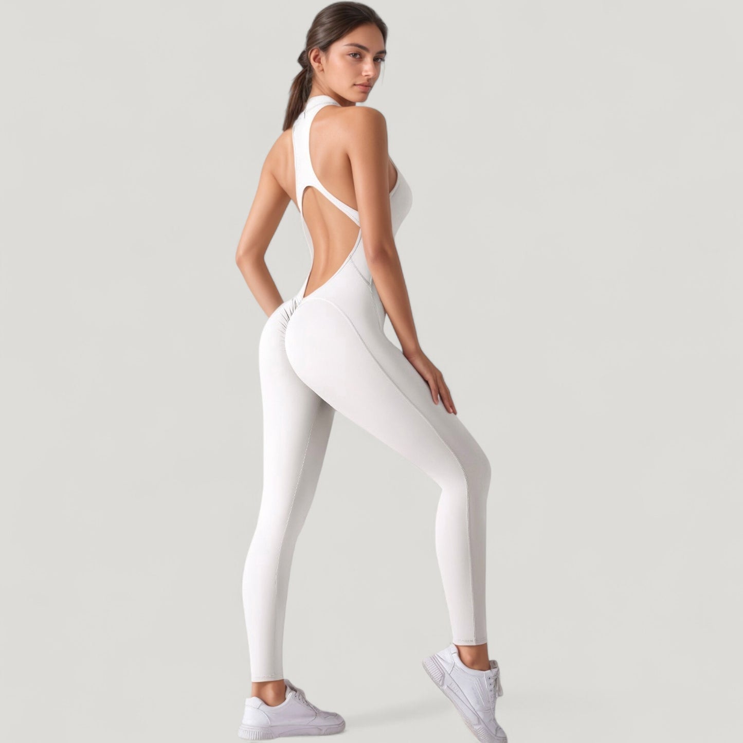 Anna-Kaci Active Women's High Neck Sleeveless Activewear Jumpsuit with Back Cutout and Front Zip Closure