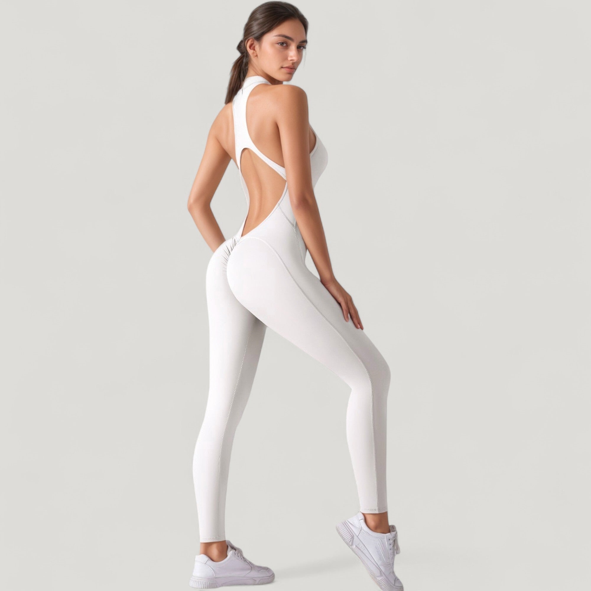 Anna-Kaci Active Women's High Neck Sleeveless Activewear Jumpsuit with Back Cutout and Front Zip Closure