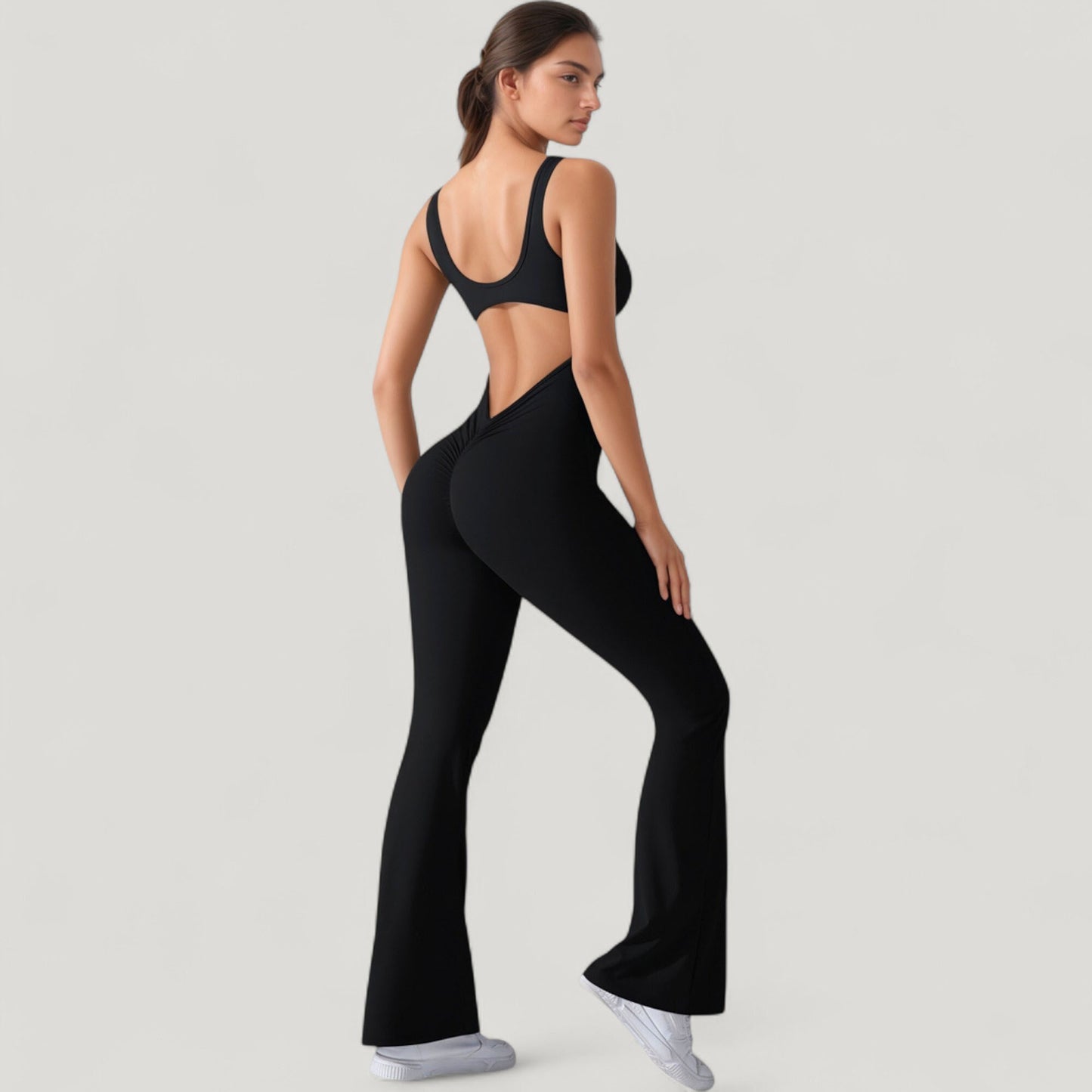 Anna-Kaci Active Women's Sleeveless Open Back Fitted Jumpsuit with Flare Leg Design