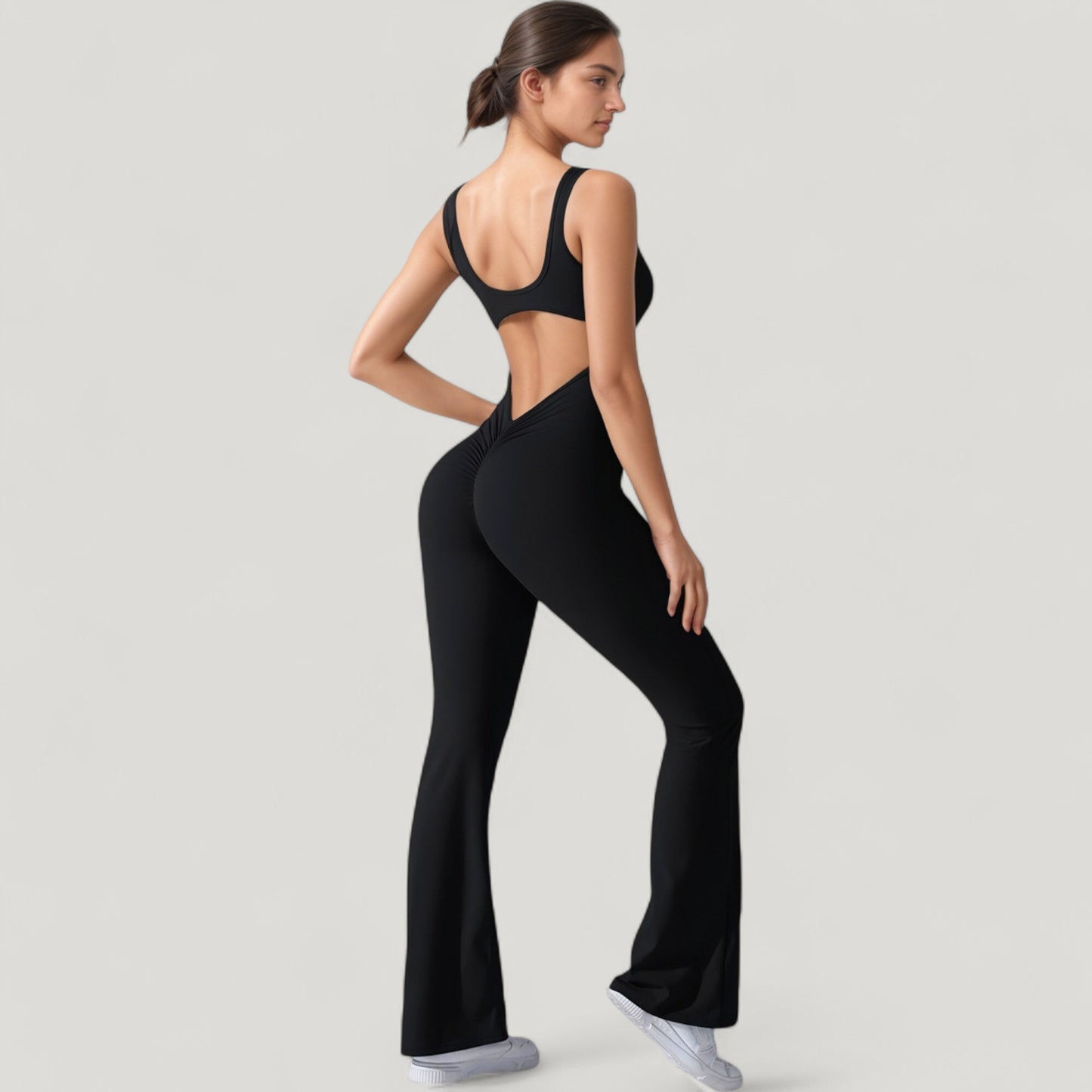 Anna-Kaci Active Women's Sleeveless Open Back Fitted Jumpsuit with Flare Leg Design