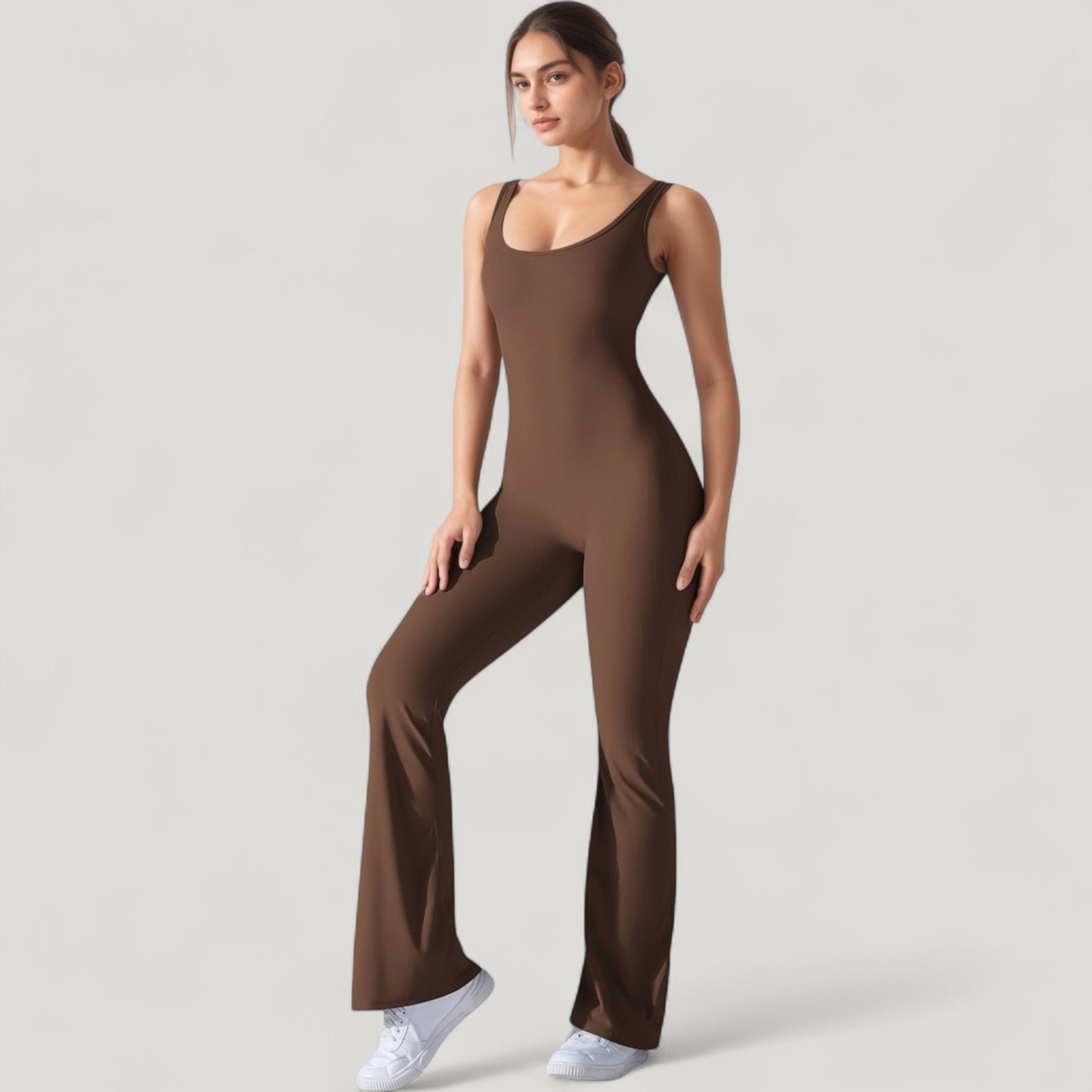 Anna-Kaci Active Women's Sleeveless Open Back Fitted Jumpsuit with Flare Leg Design