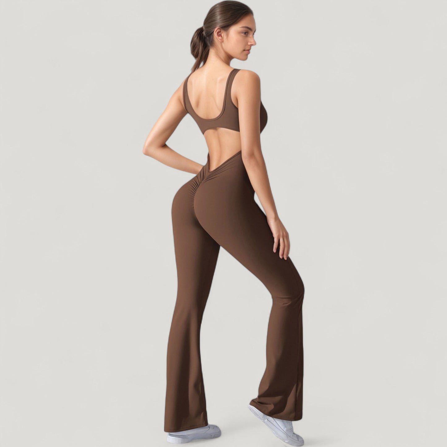 Anna-Kaci Active Women's Sleeveless Open Back Fitted Jumpsuit with Flare Leg Design