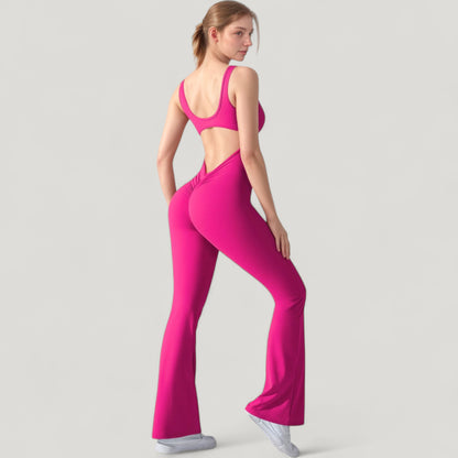Anna-Kaci Active Women's Sleeveless Open Back Fitted Jumpsuit with Flare Leg Design